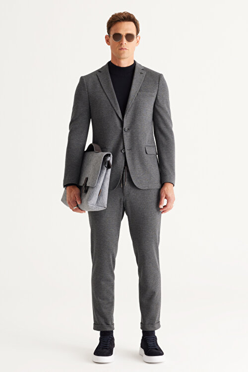 Slim Fit Dar Kesim Mono Yaka Desenli Lacivert-Gri Takım Elbise4A3024100006LAG