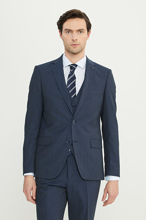 Slim Fit Dar Kesim Mono Yaka Yelekli Lacivert Yelekli Takım Elbise4A3123200011LAC