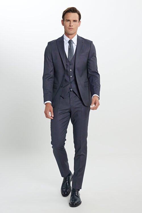 Ekstra Slim Fit Dar Kesim Desenli Yelekli Mavi Yelekli Takım Elbise4A3124100014MAV