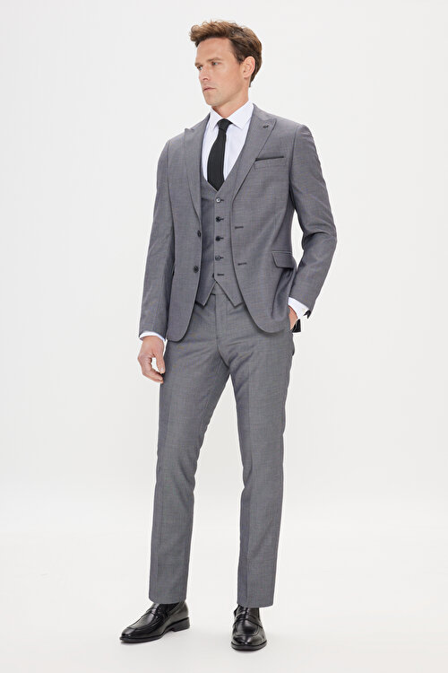 Slim Fit Dar Kesim Kırlangıç Yaka Desenli Gri-Siyah Yelekli Takım Elbise4A3124200003GSY