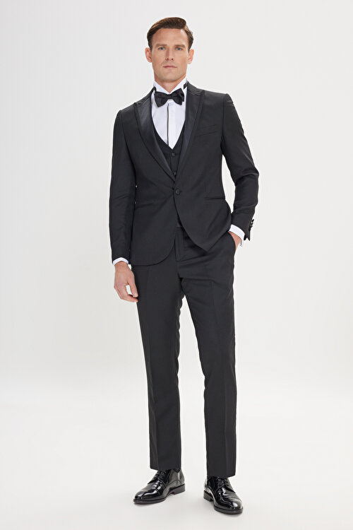 Slim Fit Dar Kesim Kırlangıç Yaka Desenli Yelekli Klasik Siyah Smokin Takım4A3222200011SYH