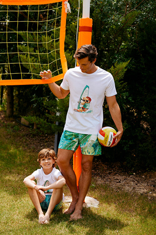 Standart Fit Normal Kesim Cepli Hızlı Kuruyan Desenli Yeşil Mayo Deniz Şortu4A4722200111YSL