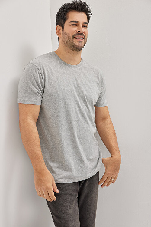 Altınyıldız - Slim Fit Dar Kesim Bisiklet Yaka Pamuklu Kısa Kollu Gri Melanj Tişört