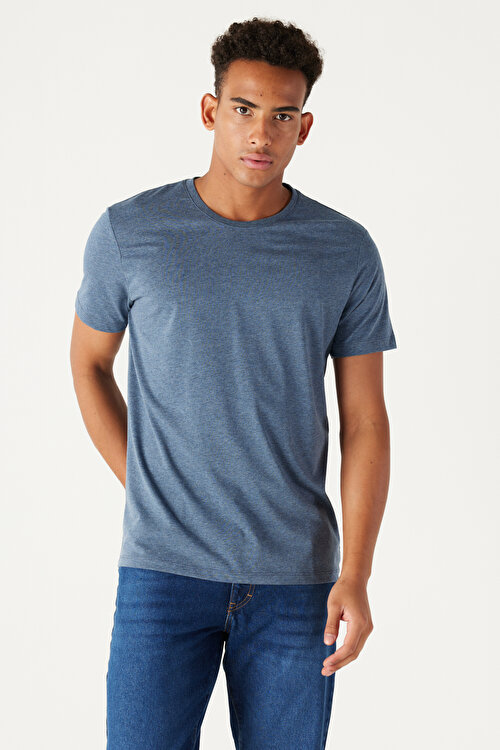 Slim Fit Dar Kesim Bisiklet Yaka %100 Pamuk Kısa Kollu İndigo Melanj Tişört4A4800000001INJ