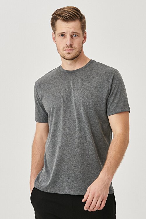 Slim Fit Dar Kesim %100 Pamuk Bisiklet Yaka Desensiz Gri Melanj Tişört4A4822100001GMJ