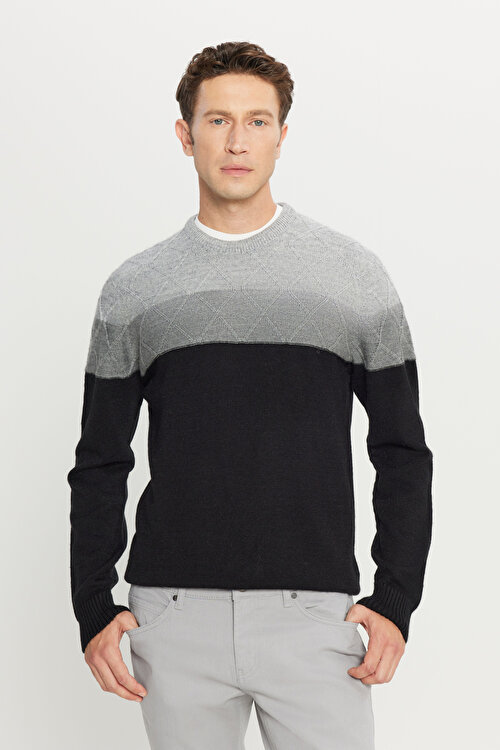 Standart Fit Normal Kesim Bisiklet Yaka Colorblock Desenli Gri-Siyah Kazak4A4923100203GSY