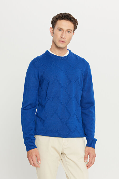 Standart Fit Normal Kesim Bisiklet Yaka Jakarlı Saks Kazak4A4923100205SKS