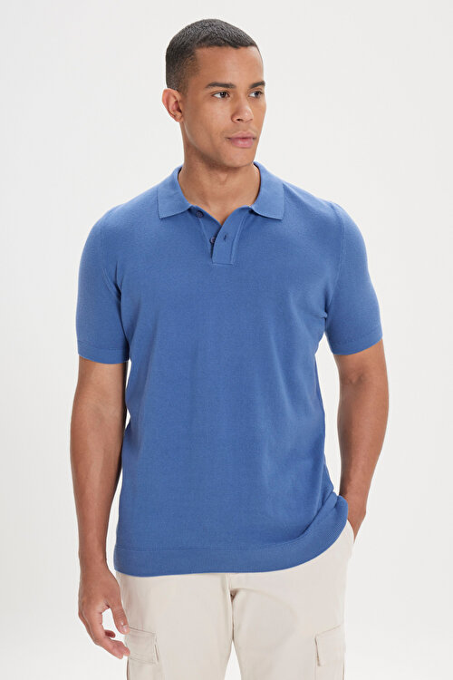 Standart Fit Normal Kesim Polo Yaka %100 Pamuk Petek Desenli Kısa Kollu Lacivert Tişört4A4923200201LAC