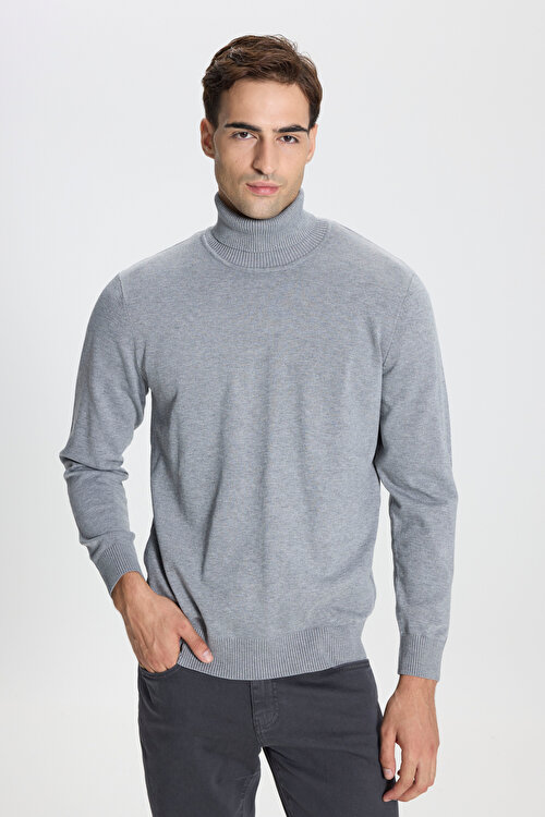 Standart Fit Normal Kesim Tam Balıkçı Yaka Gri Melanj Kazak4A4924100004GMJ