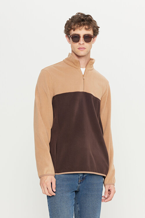 Anti-Pilling Tüylenme Yapmayan Standart Fit Bato Yaka İçi Polarlı Çift Renk Sweatshirt Sütlü Kahve-Kahve Polar4A5221100015STE