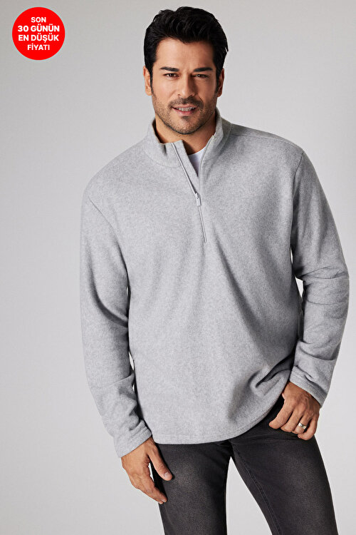 Anti-Pilling Tüylenme Yapmayan Standart Fit Bato Yaka Soğuk Geçirmez Sweatshirt Gri Melanj Polar4A5221100016GMJ