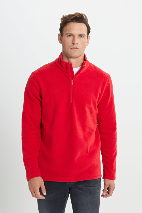 Anti-Pilling Tüylenme Yapmayan Standart Fit Bato Yaka Soğuk Geçirmez Sweatshirt Kırmızı Polar4A5221100016KMZ