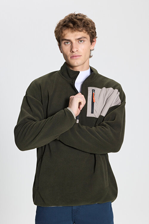 Oversize Bol Kesim Bato Yaka Cep Detaylı Fermuarlı Soğuk Geçirmez Sweatshirt Haki Polar4A5222100216HAK