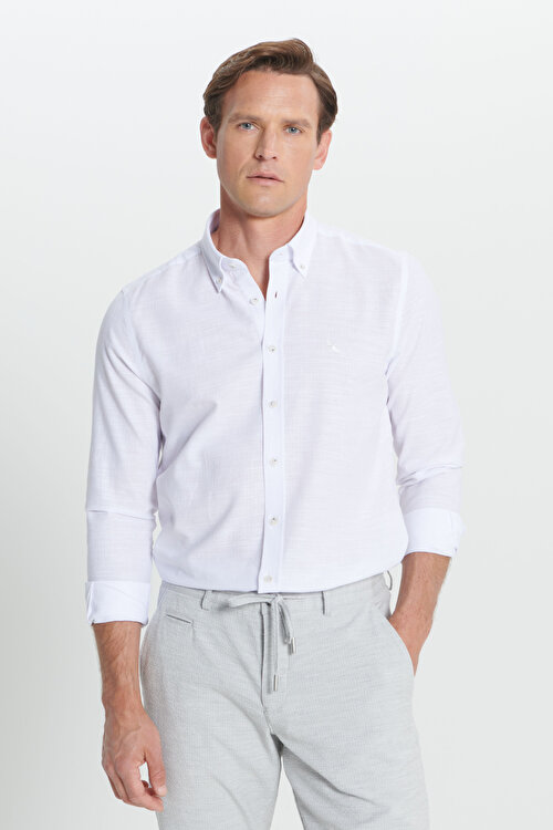 %100 Pamuk Slim Fit Dar Kesim Düğmeli Yaka Çizgili Flamlı Beyaz Gömlek4C2024200028BYZ