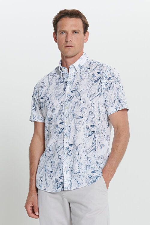 Slim Fit Dar Kesim Düğmeli Yaka Keten Çizgili Beyaz-Lacivert Gömlek4C2024200102BZL