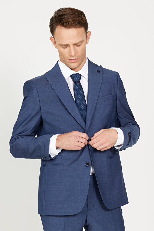 Slim Fit Dar Kesim Kırlangıç Yaka %100 Yün Filafil Desenli Mavi Takım Elbise4C3023200015MAV