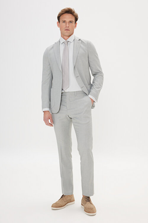 Slim Fit Dar Kesim Mono Yaka Desenli Yünlü Haki Takım Elbise4C3024200009HAK