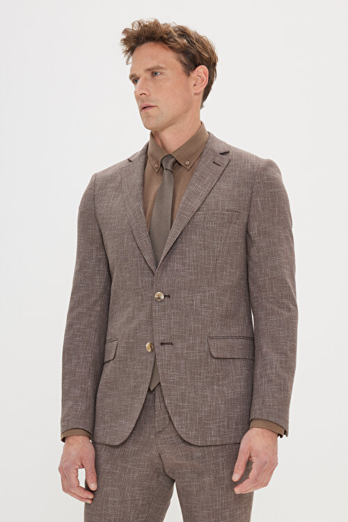 Ekstra Slim Fit Dar Kesim Mono Yaka Desenli Kahverengi Takım Elbise4C3024200022KHV
