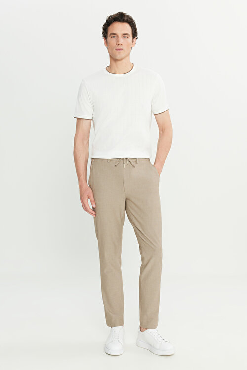Slim Fit Dar Kesim Gofre Desenli Beli Bağlamalı Yan Cepli Travel Casual Bej PantolonACE001252083BEJ