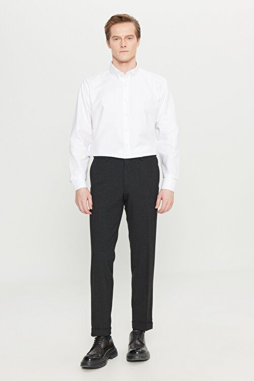 Slim Fit Dar Kesim Gofre Desenli Beli Gizli Lastikli Yan Cep Klasik Siyah PantolonACE001261329SYH