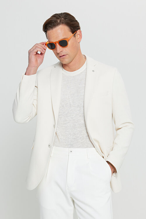 360 Her Yöne Esneyen Pamuklu Esnek Slim Fit Dar Kesim Mono Yaka Armürlü Ekru CeketACE004252185EKR