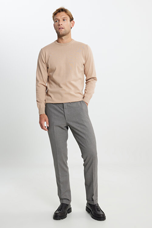 Slim Fit Dar Kesim Beli Lastikli Yan Cepli Desenli Klasik Kahverengi PantolonACE012510001KHV