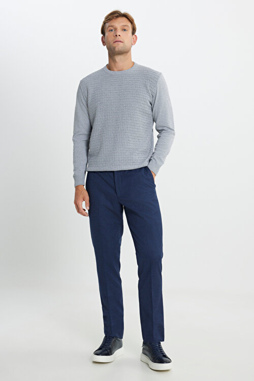 Slim Fit Dar Kesim Beli Gizli Lastikli Kazayağı Desenli Yan Cep Esnek Lacivert PantolonACE012510025LAC