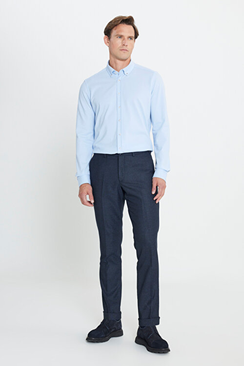 Slim Fit Dar Kesim Beli Gizli Lastikli Yan Cepli Desenli Klasik Lacivert PantolonACE012510152LAC