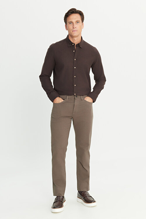 Pamuklu Slim Fit Dar Kesim 5 Cep Armürlü Esnek Haki PantolonACE012510183HAK