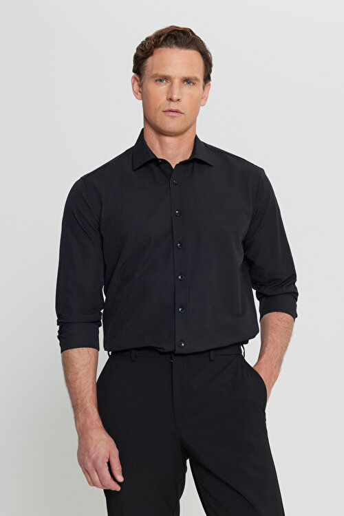 Regular Fit Rahat Kesim Klasik Yaka Armürlü Siyah GömlekACE020252170SYH
