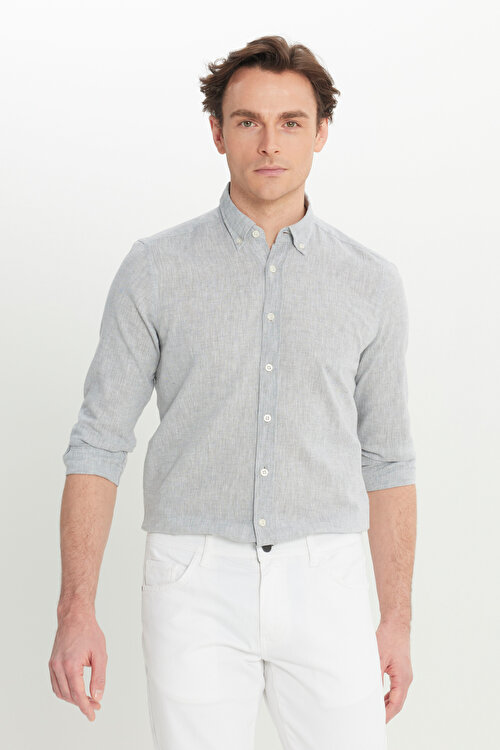 Pamuklu Keten Slim Fit Dar Kesim Düğmeli Yaka Çizgili Gri GömlekACE020252224GRI
