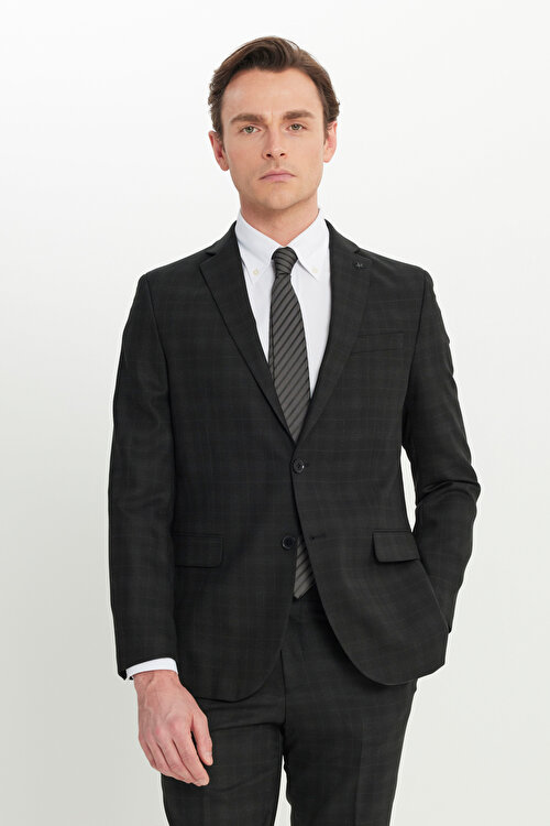 Yün Slim Fit Dar Kesim Mono Yaka Kapak Cepli Kareli Esnek Siyah-Gri Takım ElbiseACE030251078syg
