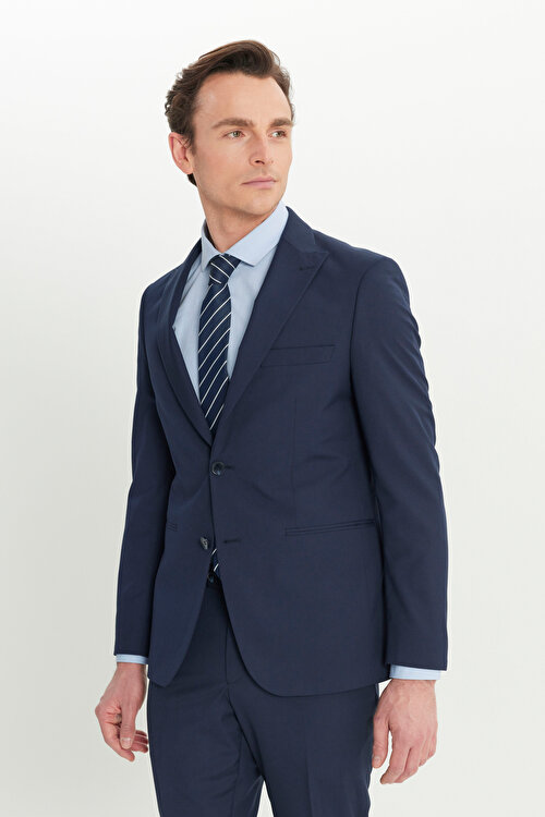 Slim Fit Dar Kesim Kırlangıç Yaka Kapak Cepli Çizgili Esnek Lacivert Takım ElbiseACE030251102LAC