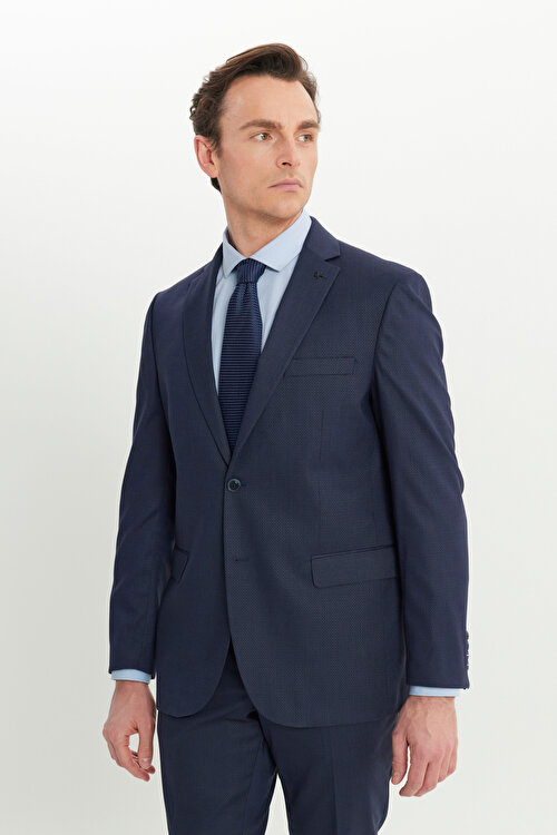 Slim Fit Dar Kesim Mono Yaka Kapak Cepli Desenli Esnek Lacivert Takım ElbiseACE030251104LAC
