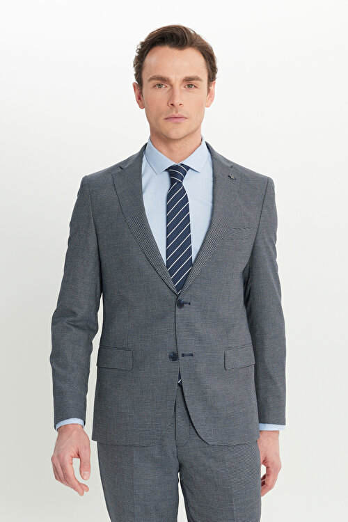 Ekstra Slim Fit Dar Kesim Mono Yaka Kazayağı Desenli Kapak Cepli Yün Esnek Lacivert-Mavi Takım ElbiseACE030251105LAM