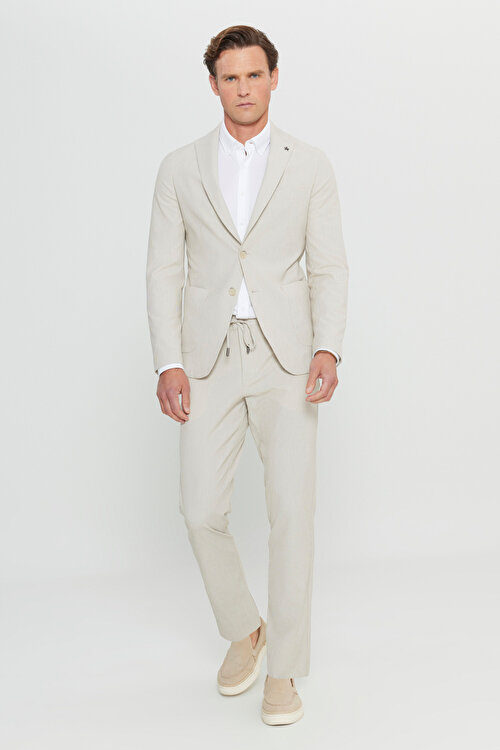 Pamuklu Slim Fit Dar Kesim Kırlangıç Yaka Çizgili Gofre Desenli Torba Cepli Bej Takım ElbiseACE030252234BEJ