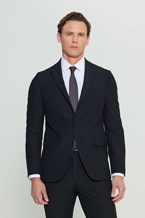Slim Fit Dar Kesim Mono Yaka Gofre Desenli Kapak Cepli Esnek Siyah Takım ElbiseACE030252249SYH