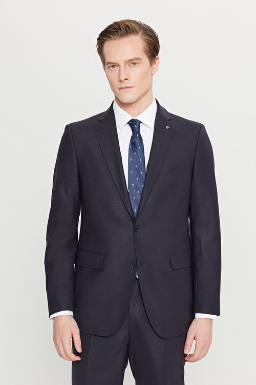 Yünlü Slim Fit Dar Kesim Mono Yaka Kapak Cepli Lacivert Takım ElbiseACE030261474LAC
