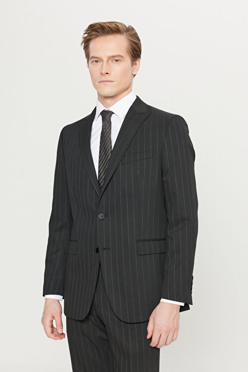 Slim Fit Dar Kesim Kırlangıç Yaka Kapak Cepli Çizgili Esnek Siyah-Gri Takım ElbiseACE030261849SYG