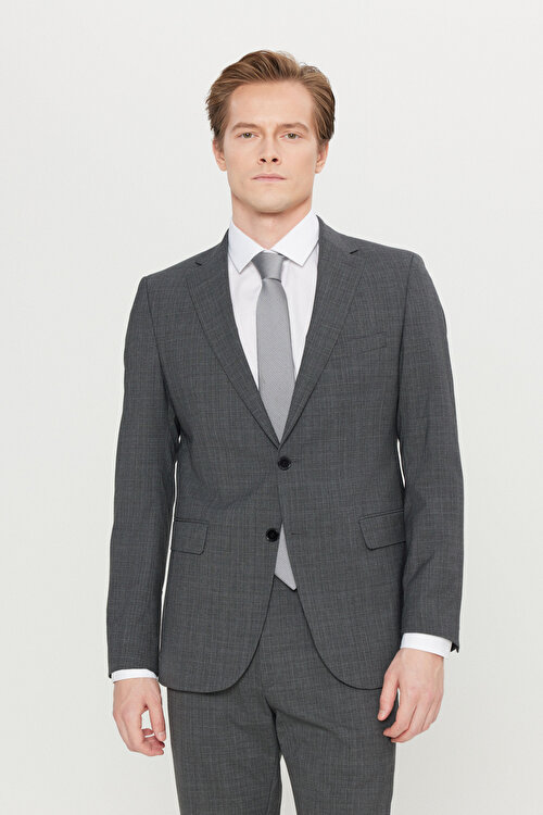 Slim Fit Dar Kesim Mono Yaka Kareli Kapak Cepli Esnek Koyu Gri Takım ElbiseACE030261914KGR