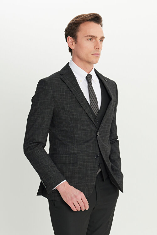 Yünlü Slim Fit Dar Kesim Mono Yaka Kapak Cepli Desenli Yelekli Siyah-Beyaz Yelekli Takım ElbiseACE031251001SYB