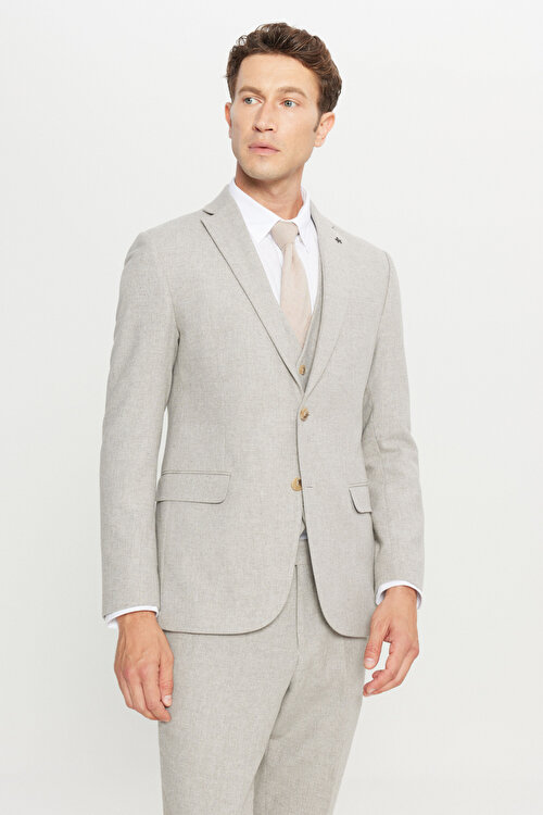 Yünlü Slim Fit Dar Kesim Mono Yaka Kapak Cepli Yelekli Bej Yelekli Takım ElbiseACE031261007BEJ