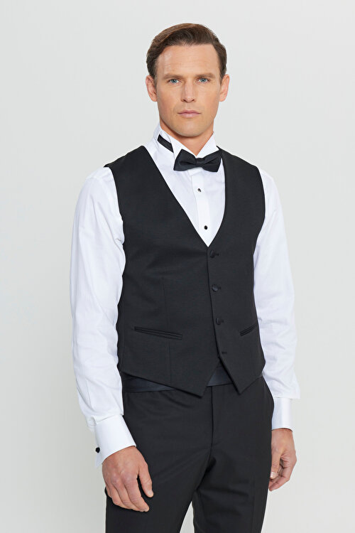 Slim Fit Dar Kesim V Yaka Çift Fleto Cepli Siyah YelekACE034252006SYH