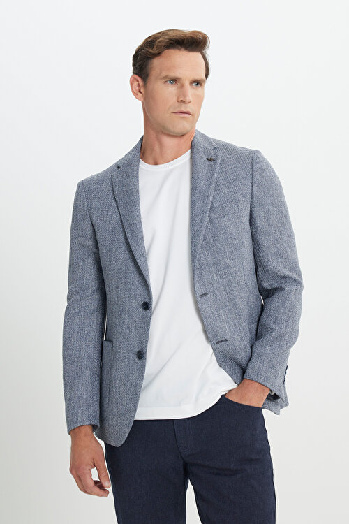 Slim Fit Dar Kesim Mono Yaka Desenli Torba Cepli Lacivert CeketACE042510151LAC