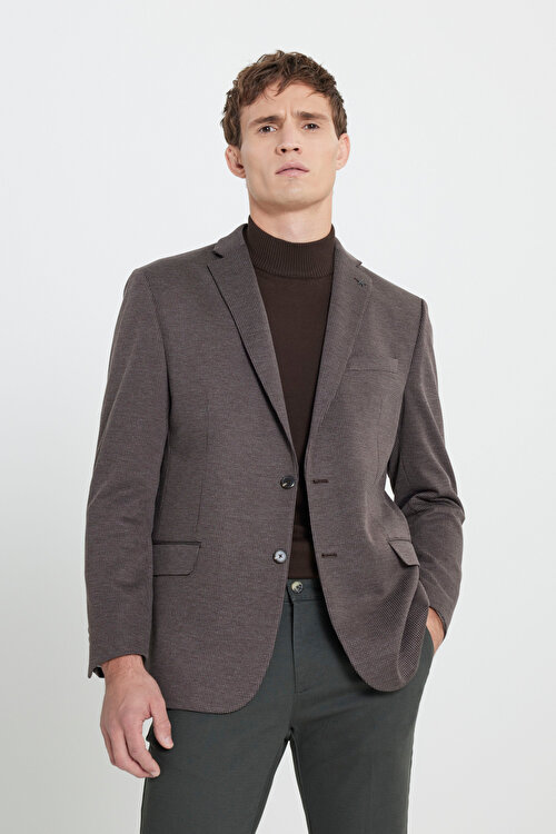 Regular Fit Rahat Kesim Mono Yaka Kareli Kapak Cepli Kahverengi CeketACE042510152KHV