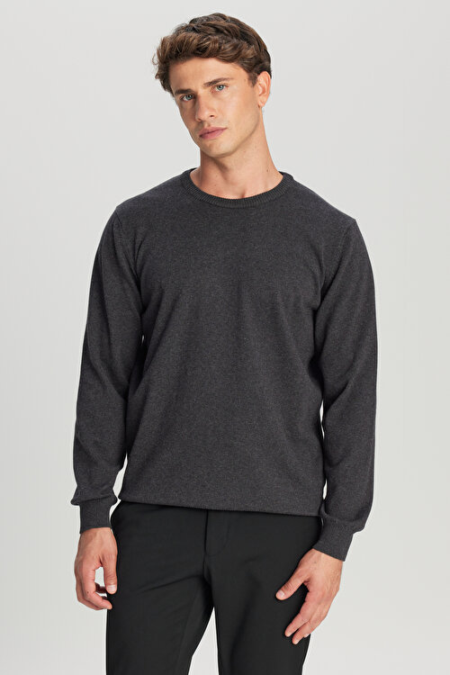 Pamuklu Standart Fit Normal Kesim Bisiklet Yaka Triko Antrasit-Melanj KazakACE043261432ANM