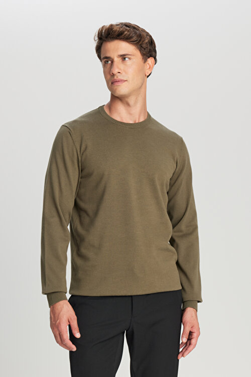 Pamuklu Standart Fit Normal Kesim Bisiklet Yaka Triko Haki KazakACE043261432HAK