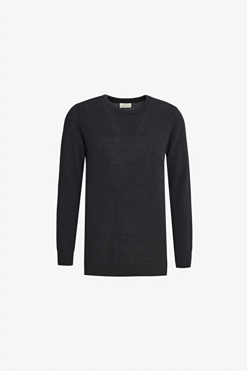 Pamuklu Standart Fit Normal Kesim Bisiklet Yaka Jakarlı Triko Siyah KazakACE049261451SYH