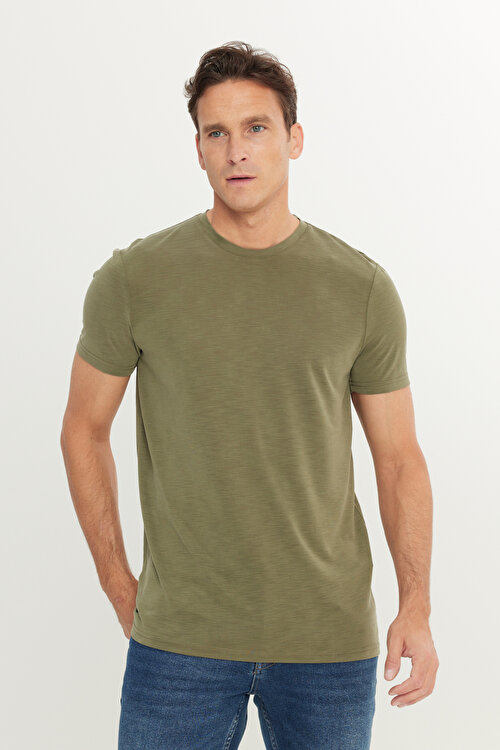 Yumuşak Dokulu Slim Fit Dar Kesim Bisiklet Yaka Haki TişörtACE091252301HAK