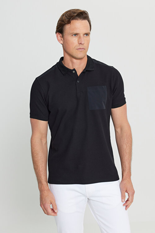 Pamuklu Slim Fit Dar Kesim Polo Yaka Esnek Siyah TişörtACE091252345SYH